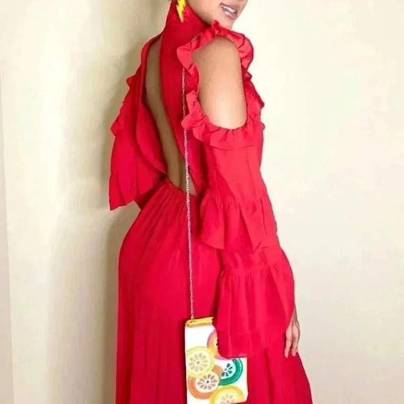 Plunging neckline Cold shoulder asymmetrical Midi Dress Red - Picture 3 of 6